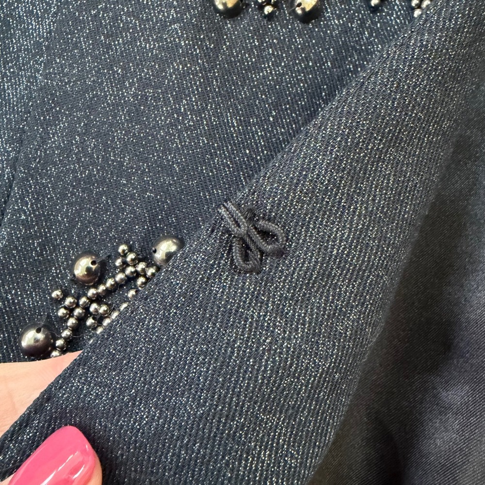 Chicos Military Band Denim Jacket Beaded Sequin Metallic Denim Black Blue 0 S - Picture 9 of 13